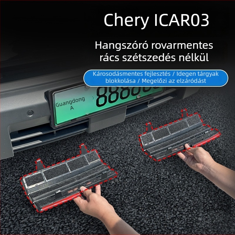 Chery ICAR03-hoz illeszkedő első radiátor rács dekoratív sáv rovarvédő hálóval | Anyag: ABS | Kompatibilitás: Chery ICAR03