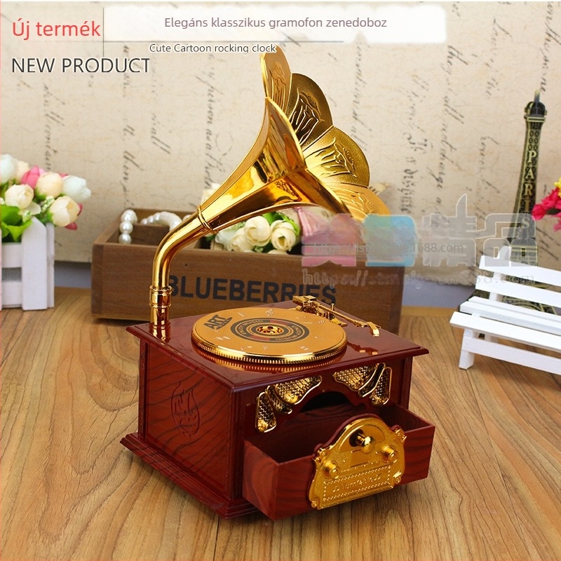 Vintage gramofon zenélő doboz ékszertároló