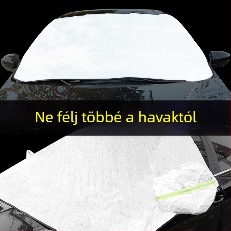 Autó első szélvédőjére szánt havazás elleni takaró, vastag nemszőtt textil, univerzális illeszkedés, kártya-alapú telepítés, 400 g