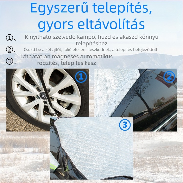Autó első szélvédőjére szánt havazás elleni takaró, vastag nemszőtt textil, univerzális illeszkedés, kártya-alapú telepítés, 400 g