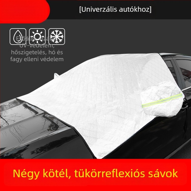Autó első szélvédőjére szánt havazás elleni takaró, vastag nemszőtt textil, univerzális illeszkedés, kártya-alapú telepítés, 400 g