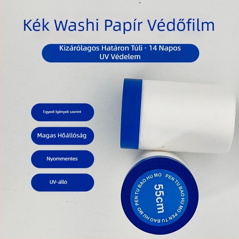 Festőmaszkoló fólia UV‑álló japán papírból, PE hátoldallal, 0,7 mm vastagság, mag: papírszál, beltéri/kültéri dekorációhoz és maszkoláshoz autófestéshez