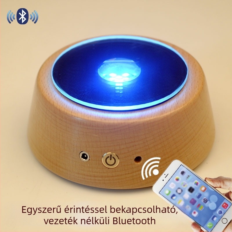 Fából készült Bluetooth zenei doboz forgó kristálygömbbel és LED-es világító talppal