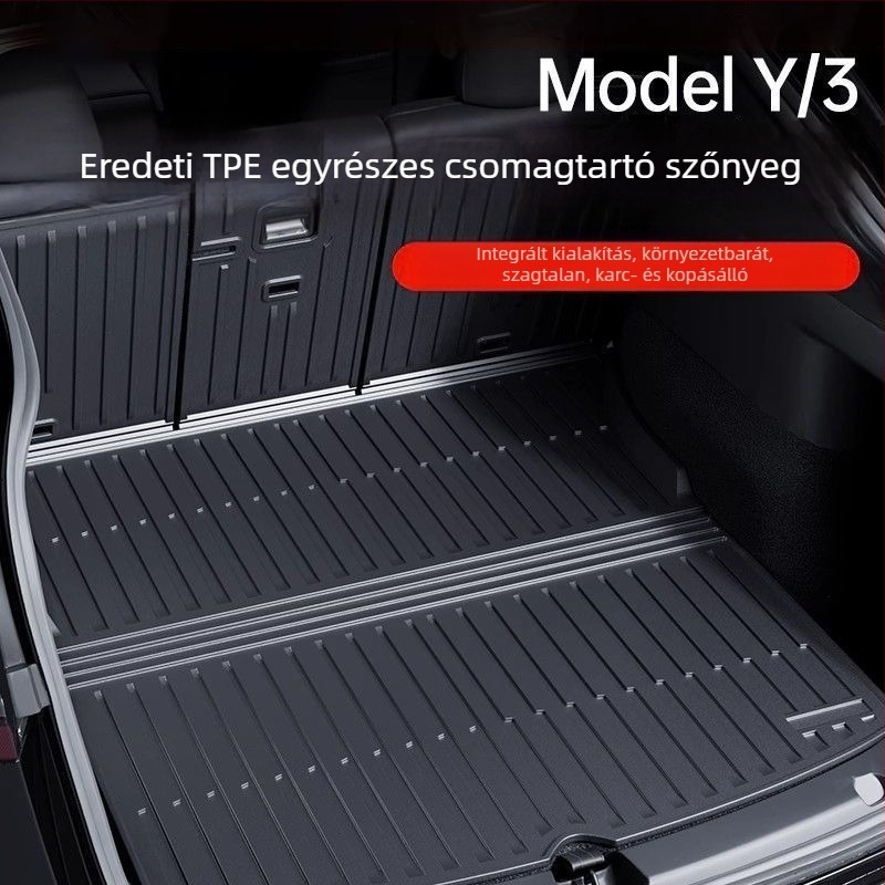 Tesla Model 3 Y verzióhoz készült TPE csomagtartó szőnyeg készlet, teljes lefedettség, hátsó ülés támla párnája, első és hátsó csomagtartó szőnyeg