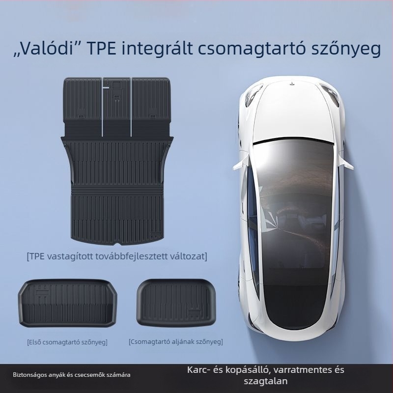 Tesla Model 3 Y verzióhoz készült TPE csomagtartó szőnyeg készlet, teljes lefedettség, hátsó ülés támla párnája, első és hátsó csomagtartó szőnyeg
