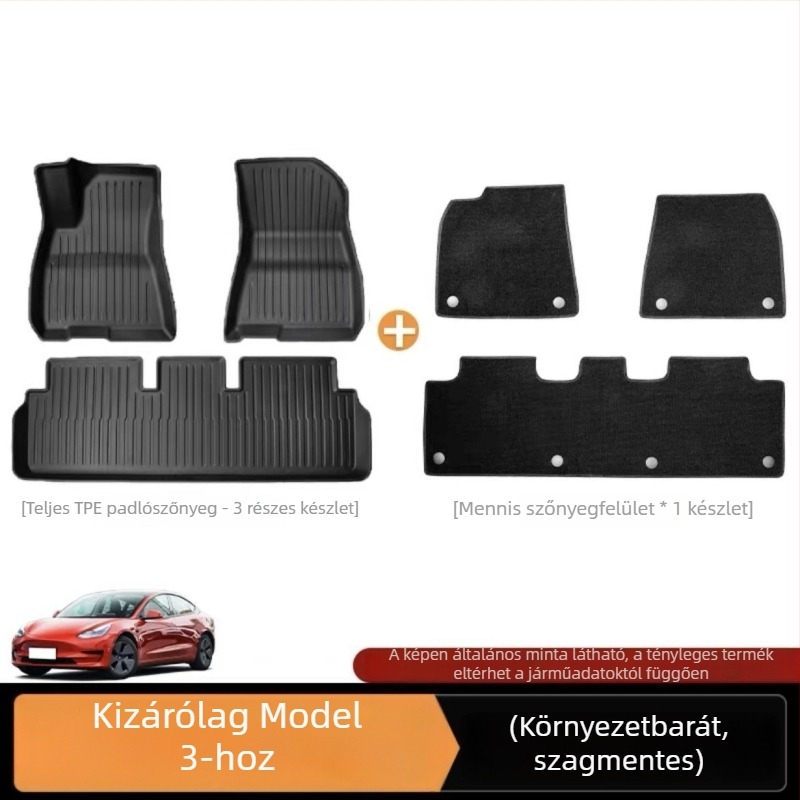 Tesla Model 3 Y verzióhoz készült TPE csomagtartó szőnyeg készlet, teljes lefedettség, hátsó ülés támla párnája, első és hátsó csomagtartó szőnyeg