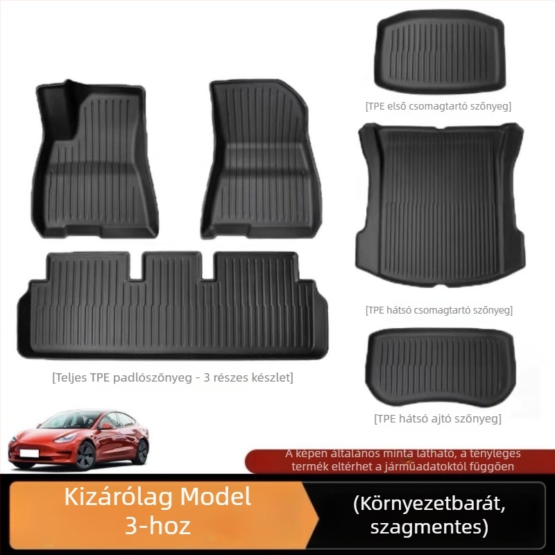 Tesla Model 3 Y verzióhoz készült TPE csomagtartó szőnyeg készlet, teljes lefedettség, hátsó ülés támla párnája, első és hátsó csomagtartó szőnyeg