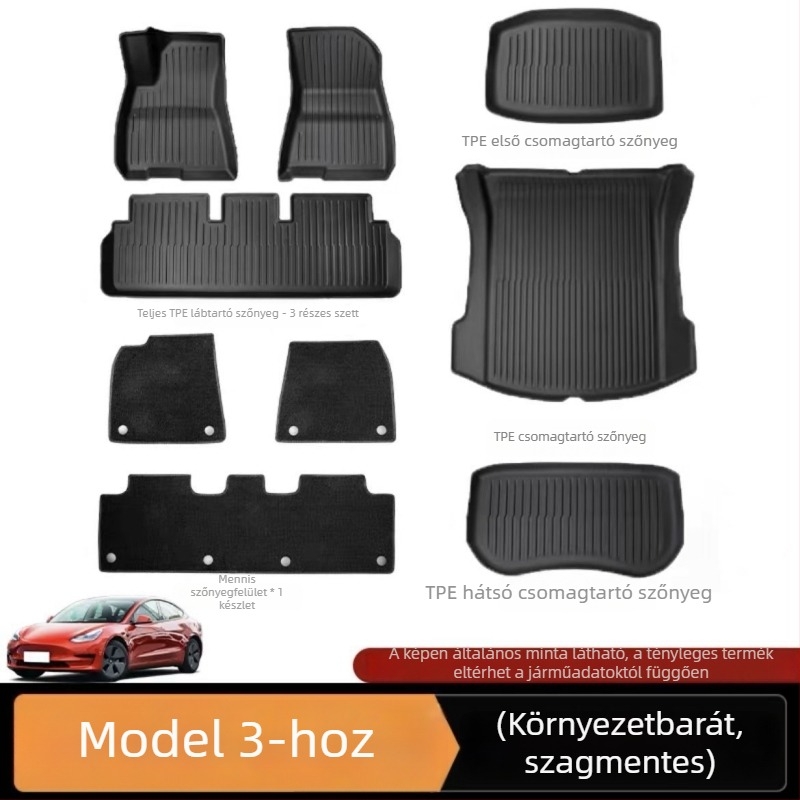 Tesla Model 3 Y verzióhoz készült TPE csomagtartó szőnyeg készlet, teljes lefedettség, hátsó ülés támla párnája, első és hátsó csomagtartó szőnyeg