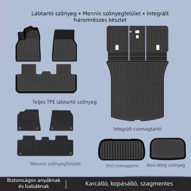 Tesla Model 3 Y verzióhoz készült TPE csomagtartó szőnyeg készlet, teljes lefedettség, hátsó ülés támla párnája, első és hátsó csomagtartó szőnyeg