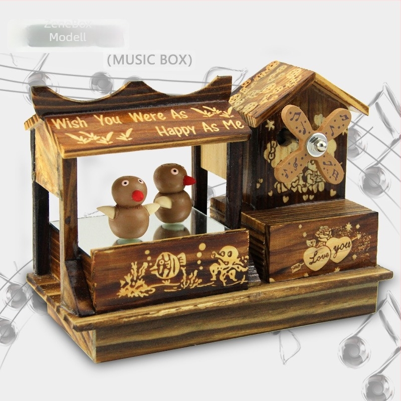Fából készült madár táncoló zenemű doboz, rugós mechanizmussal, gravírozott kivitel, modern minimalist stílus, modell 81005
