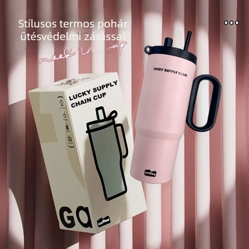 Szigetelt pohár fogantyúval, belső 304 rozsdamentes acél, külső 201 rozsdamentes acél, vákuum szigetelés 6–12 óra, tea és víz elválasztás, tartalmaz szívószál