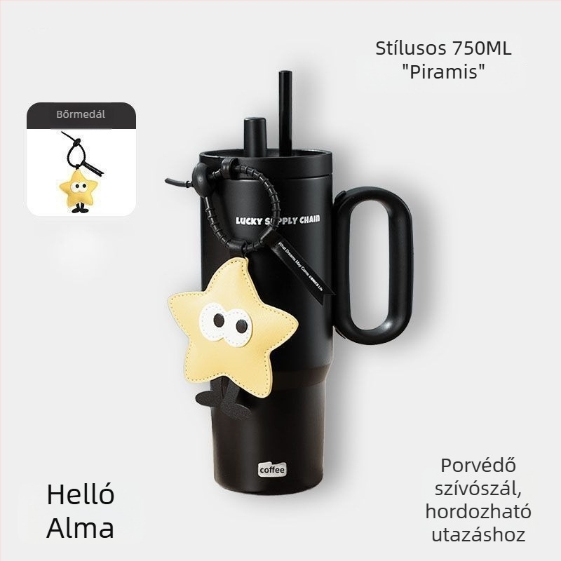 Szigetelt pohár fogantyúval, belső 304 rozsdamentes acél, külső 201 rozsdamentes acél, vákuum szigetelés 6–12 óra, tea és víz elválasztás, tartalmaz szívószál