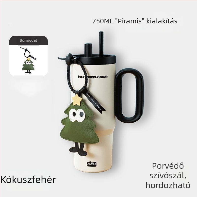 Szigetelt pohár fogantyúval, belső 304 rozsdamentes acél, külső 201 rozsdamentes acél, vákuum szigetelés 6–12 óra, tea és víz elválasztás, tartalmaz szívószál