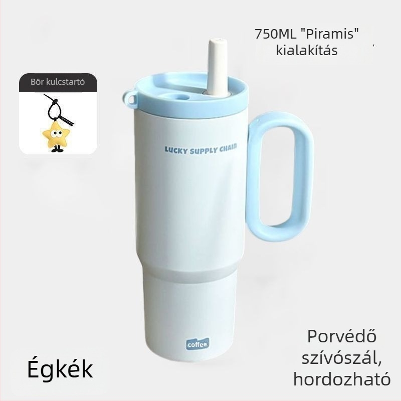 Szigetelt pohár fogantyúval, belső 304 rozsdamentes acél, külső 201 rozsdamentes acél, vákuum szigetelés 6–12 óra, tea és víz elválasztás, tartalmaz szívószál