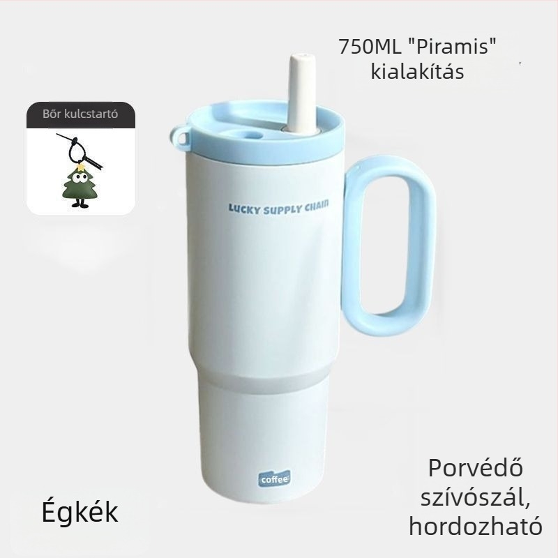 Szigetelt pohár fogantyúval, belső 304 rozsdamentes acél, külső 201 rozsdamentes acél, vákuum szigetelés 6–12 óra, tea és víz elválasztás, tartalmaz szívószál