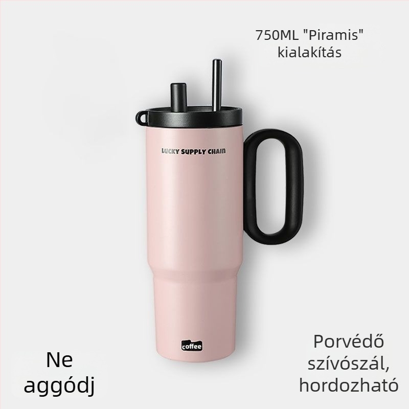 Szigetelt pohár fogantyúval, belső 304 rozsdamentes acél, külső 201 rozsdamentes acél, vákuum szigetelés 6–12 óra, tea és víz elválasztás, tartalmaz szívószál