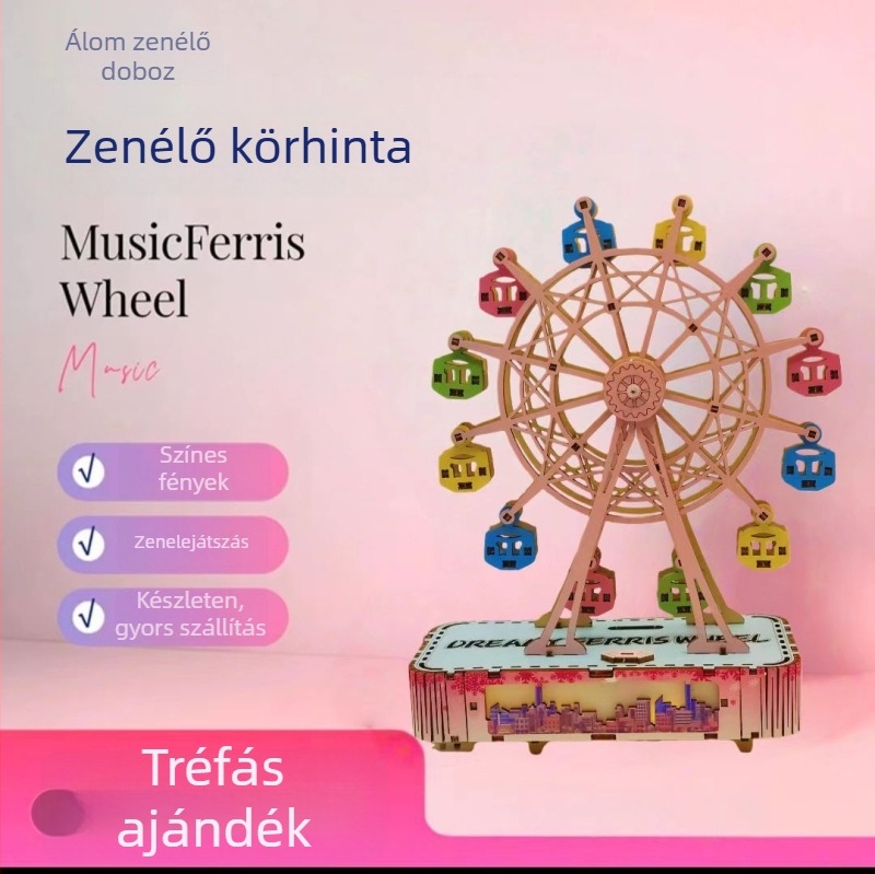 Fa DIY Ferris kerék zenei doboz – kézzel készült, gravírozás, UV nyomtatás, modern minimalista stílus, testreszabható ajándék