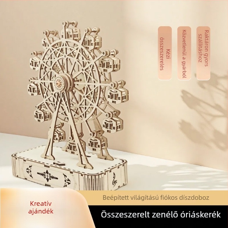 Romantikus kézzel készített DIY fa zenélő doboz Ferris-körrel — összeszerelhető modell, ajándék születésnapra pároknak és diákoknak