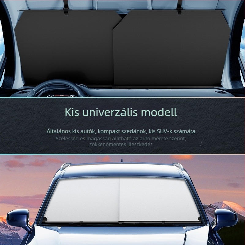 Autó előtti szélvédő árnyékoló, automatikusan kihúzható, hőszigetelés, vákuumos rögzítés, anyag: Impact Cloth