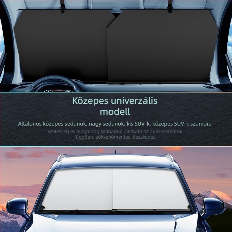 Autó előtti szélvédő árnyékoló, automatikusan kihúzható, hőszigetelés, vákuumos rögzítés, anyag: Impact Cloth