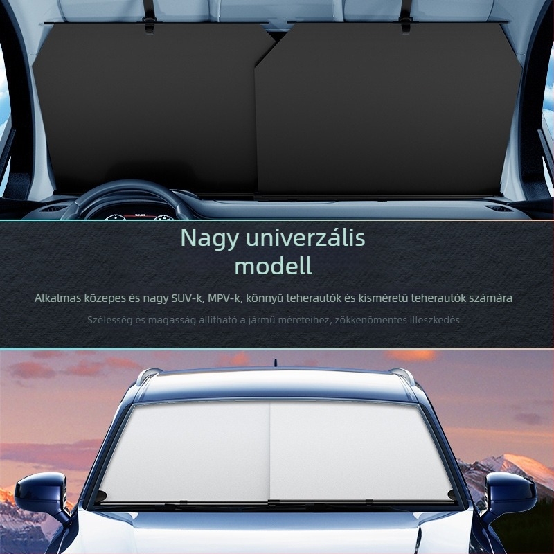Autó előtti szélvédő árnyékoló, automatikusan kihúzható, hőszigetelés, vákuumos rögzítés, anyag: Impact Cloth