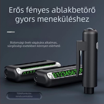 Négyfunkciós autóbiztonsági eszköz: üvegbetörő, LED zseblámpa, parkolókártya; anyag: fém+ABS