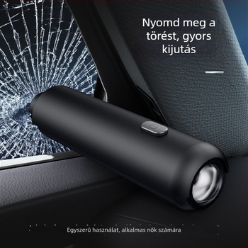 Négyfunkciós autóbiztonsági eszköz: üvegbetörő, LED zseblámpa, parkolókártya; anyag: fém+ABS