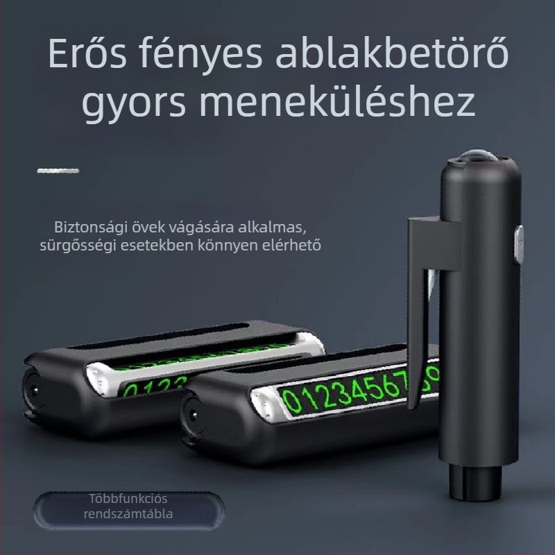 Négyfunkciós autóbiztonsági eszköz: üvegbetörő, LED zseblámpa, parkolókártya; anyag: fém+ABS
