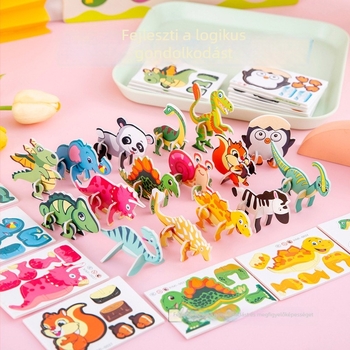 Gyerekeknek készült papíralapú 3D puzzle aranyos dinoszaurusz figurával – óvodai játék
