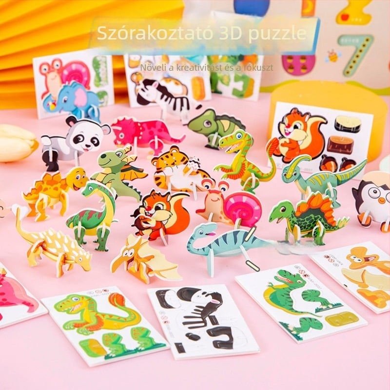 Gyerekeknek készült papíralapú 3D puzzle aranyos dinoszaurusz figurával – óvodai játék