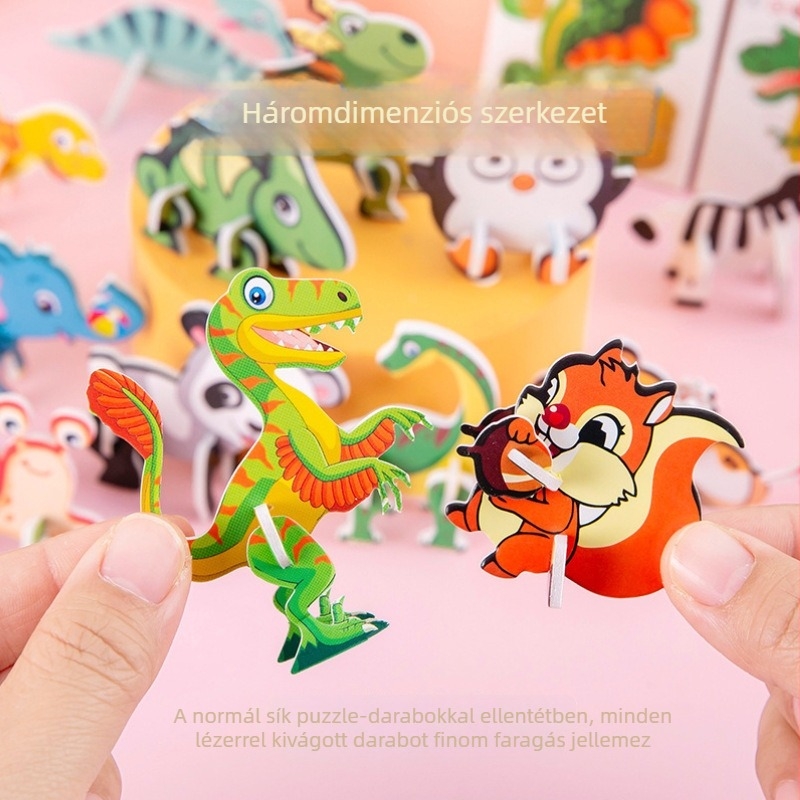 Gyerekeknek készült papíralapú 3D puzzle aranyos dinoszaurusz figurával – óvodai játék