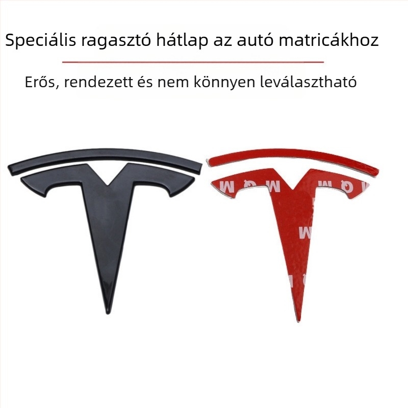 Motorháztető matrica – Tesla Model 3/Y fémlogo, méret 8×7.7 cm, ragasztóval történő felszerelés, logó minta