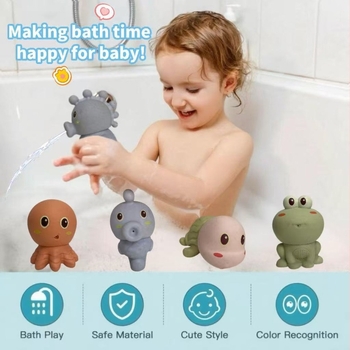 Baba fürdőjáték szóróvízzel – puha PVC tengeri állatok, 0–2 éveseknek, fürdéshez és szülő-gyermek interakcióhoz