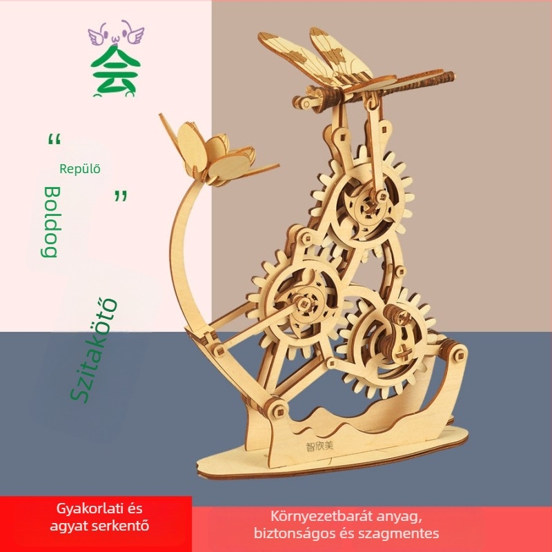 Fából készült 3D Dragonfly puzzle – DIY mechanikus összeállítású játék 7–14 éveseknek, fehér dobozos csomagolás