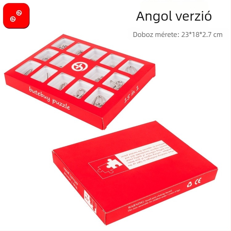 15 darabos fém gyűrű-nyitó puzzle készlet, 7–14 éveseknek