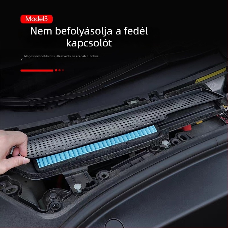 Tesla Model 3 (2017–2020) légbevezető szűrő por és rovarvédő hálóval; anyag: ABS spray velúr nem szőtt; logónyomás elérhető