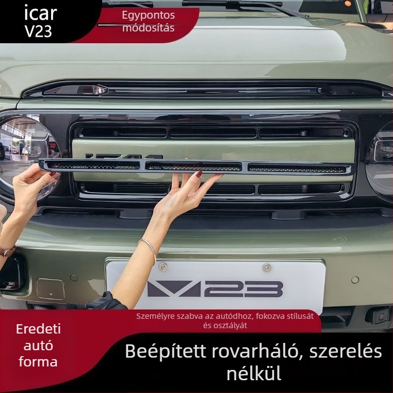 Chery iCAR V23-hoz illeszkedő légbeömlő védőfedél integrált rovar- és kővédő hálóval, ABS anyag