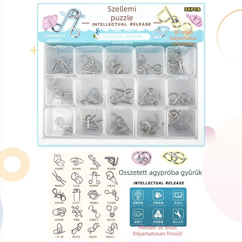 Kilencgyűrűs fém puzzle – Luban Lock és Kongming Lock, a gyűrűk kinyitása, agykímélő játék 7–14 éveseknek, fehér dobozos csomagolás, nem DIY