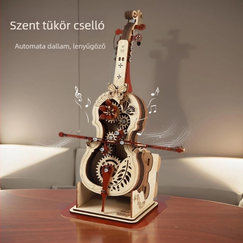 Fából készült DIY zenélő doboz készlet csellóval és hegedűvel – retro stílus, összeszerelhető modell, logó nyomtatási lehetőség, születésnapi ajándék