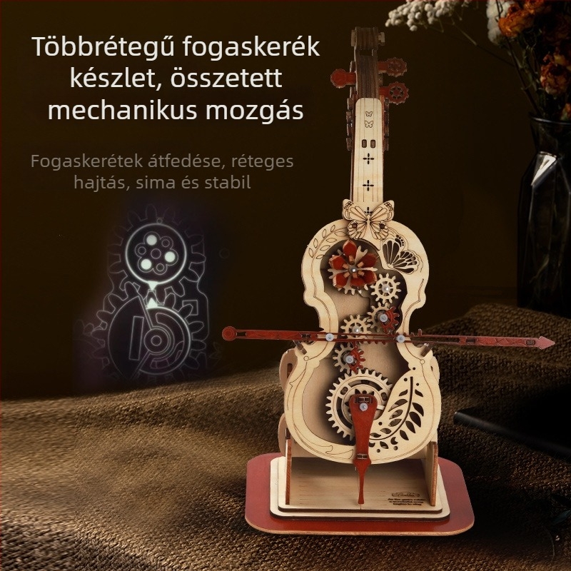 Fából készült DIY zenélő doboz készlet csellóval és hegedűvel – retro stílus, összeszerelhető modell, logó nyomtatási lehetőség, születésnapi ajándék