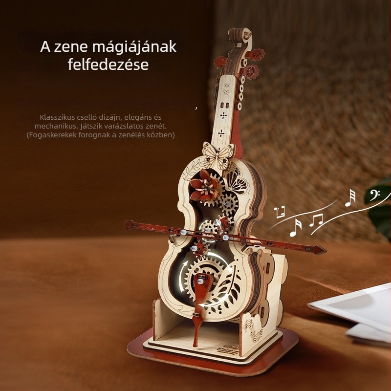 Fából készült DIY zenélő doboz készlet csellóval és hegedűvel – retro stílus, összeszerelhető modell, logó nyomtatási lehetőség, születésnapi ajándék