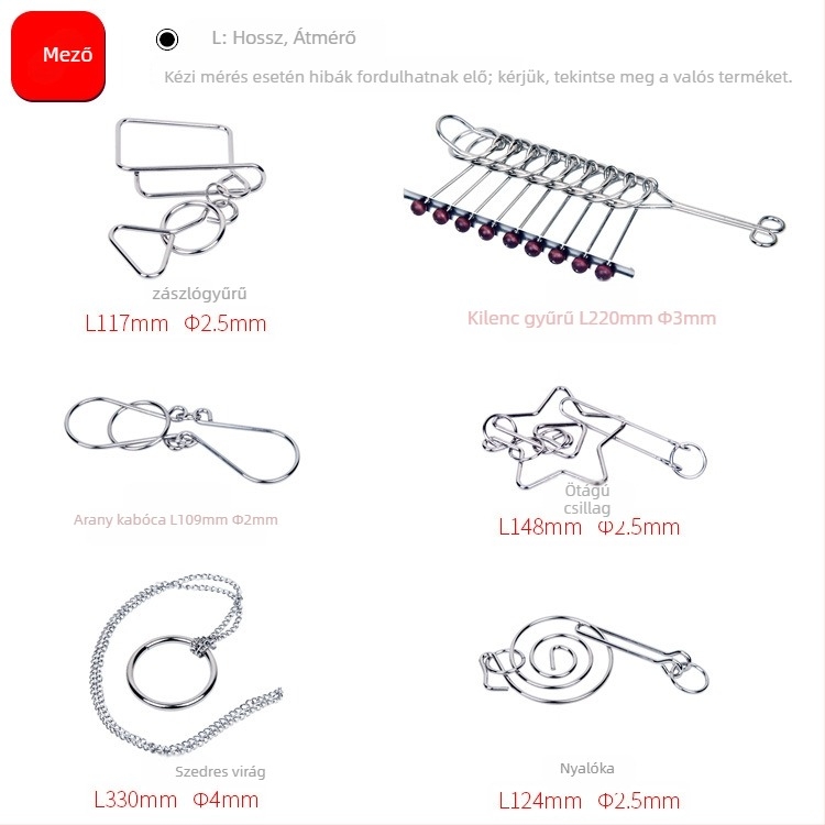 Kilenc összekapcsolt gyűrű puzzle - 20 darabos fém játék, DIY, minta testreszabás