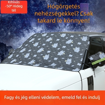 Elülső szélvédő téli takaró rajzolt mintával – hó- és jégvédelem, fagyálló hatás, hőszigetelés, napsütés elleni árnyékoló, szívókorongos felszerelés