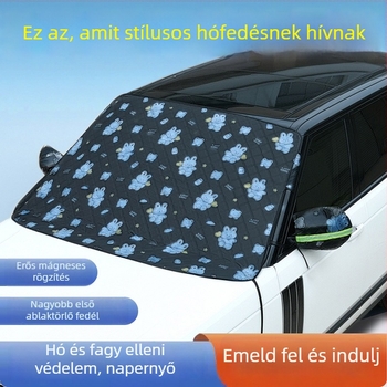 Elülső szélvédő téli takaró rajzolt mintával – hó- és jégvédelem, fagyálló hatás, hőszigetelés, napsütés elleni árnyékoló, szívókorongos felszerelés