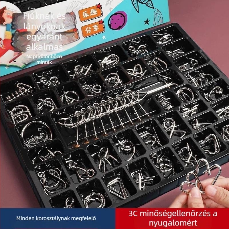 Nine Rings rejtvény (Lu Ban Lock/Kong Ming Lock) - 30 darabos készlet, ajándékdoboz, vasból készült, türelem fejlesztés, 14+ korosztály