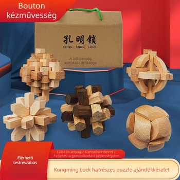 Fából készült Kong Ming Lock/Luban Lock – öt darabos készlet, kilencláncos logikai játék, Botong, 7–14 éveseknek