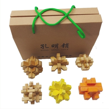Fából készült Kong Ming Lock/Luban Lock – öt darabos készlet, kilencláncos logikai játék, Botong, 7–14 éveseknek
