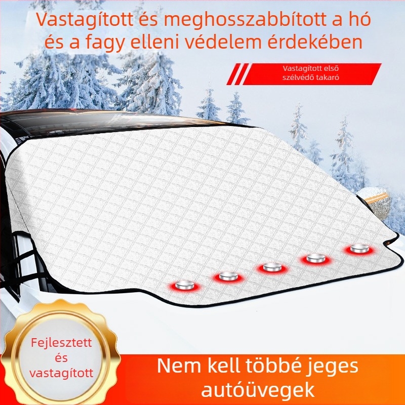 Autóüveg előtti hóvédő takaró tömött béléssel, anyag: alumínium fólia + PP gyapot + nem szövött textil; szerelés: kártya-beillesztéses típus; alkalmazható rész: első szélvédő; súly: 494 g