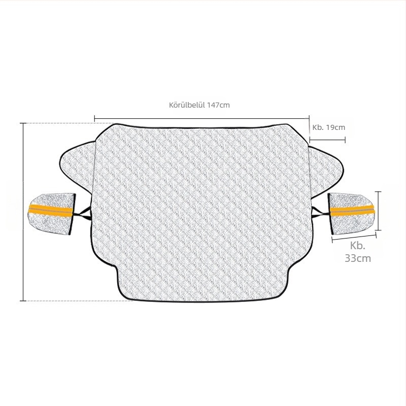 Autóüveg előtti hóvédő takaró tömött béléssel, anyag: alumínium fólia + PP gyapot + nem szövött textil; szerelés: kártya-beillesztéses típus; alkalmazható rész: első szélvédő; súly: 494 g