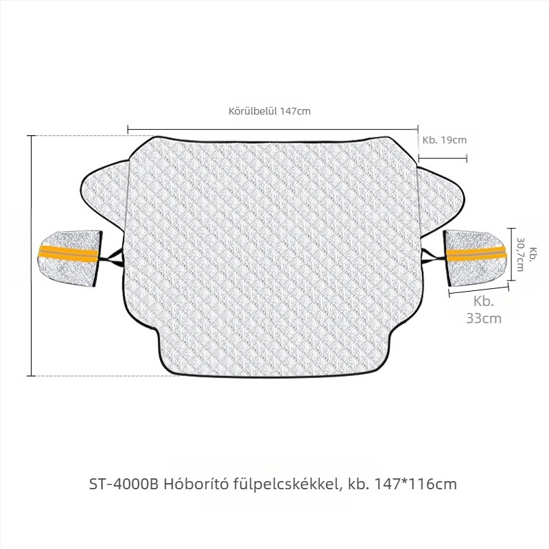 Autóüveg előtti hóvédő takaró tömött béléssel, anyag: alumínium fólia + PP gyapot + nem szövött textil; szerelés: kártya-beillesztéses típus; alkalmazható rész: első szélvédő; súly: 494 g